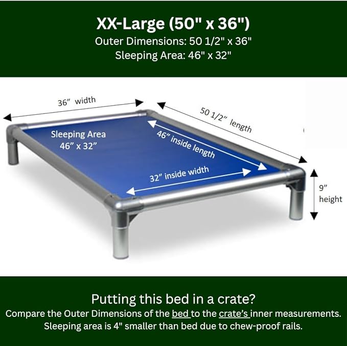 Kuranda Chewproof Elevated Dog Bed - Silver Aluminum - 50" x 36" - Heavy Duty Vinyl - Royal Blue