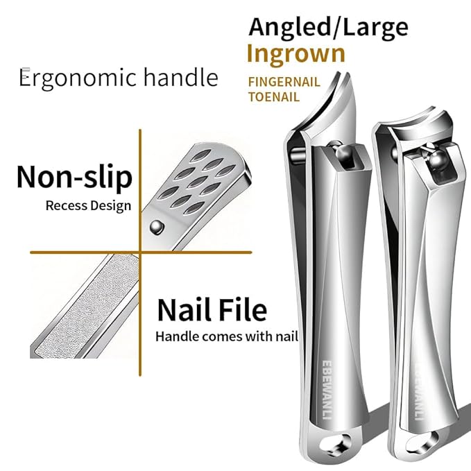 EBEWANLI Nail Clipper Set, Slanted Angled Ingrown Toenail Clipper and Curved Nail Clipper Cutters, 2Pcs Stainless Steel Finger Nail Clippers Adult