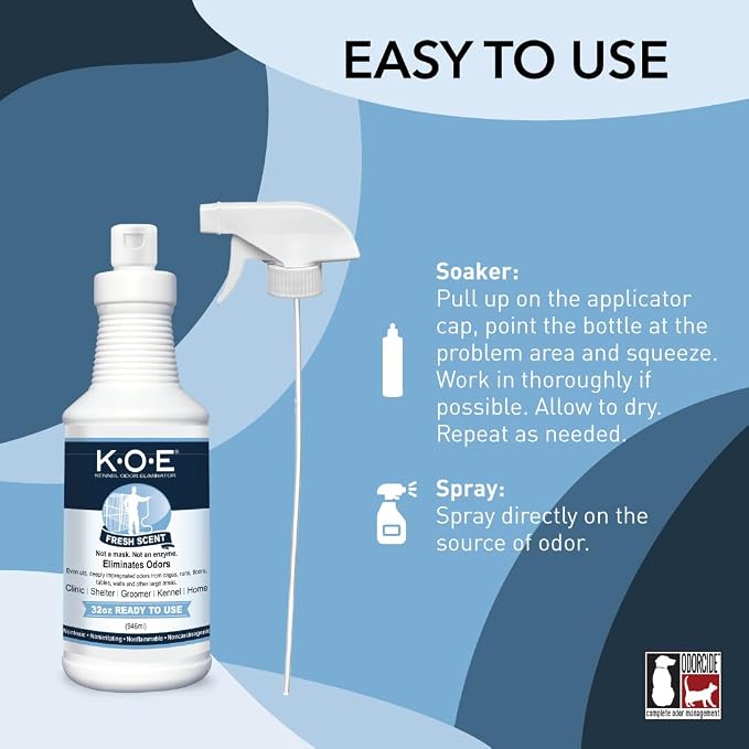 Odorcide K.O.E Kennel Odor Eliminator Fresh Scent Ready to Use Spray – For Cages, Runs & More – For Home & Kennel w/Safe, Non-Enzymatic Formula