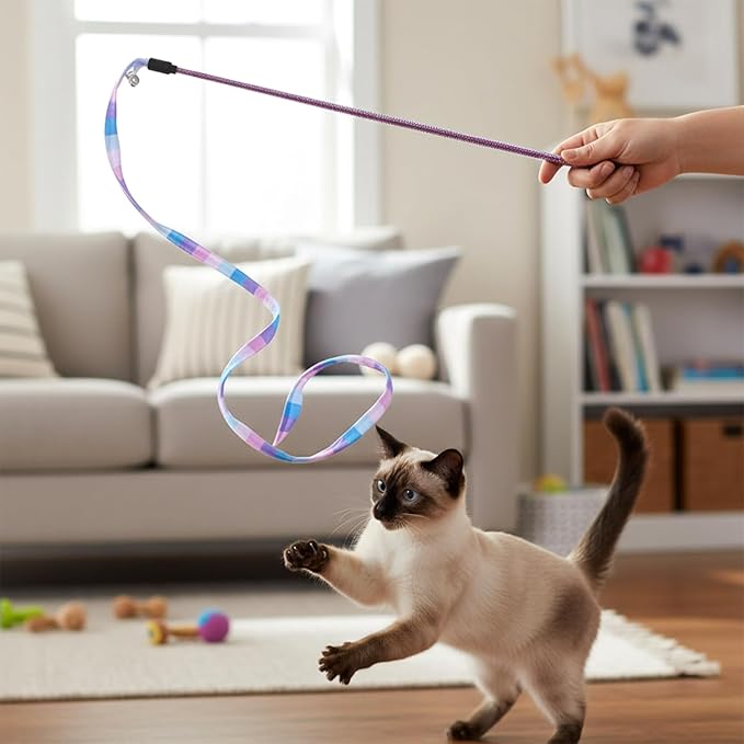 2 Pcs Interactive Cat Rainbow Wand Toys, Colorful Ribbon Teaser with Bells Plush String Toy for Bored Indoor Cats Kittens, Extended Length 15.35in Sturdy Pole for Exercise Keep Fit
