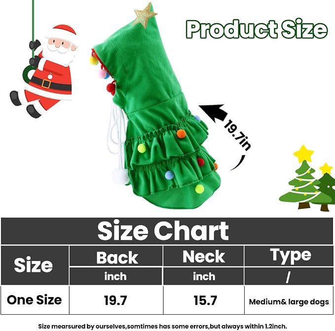 Vellibring Dog Christmas Outfit Green Pet Cloak with Hat with Star and Pompoms Puppy Cape Clothes Xmas Tree Elf Costumes Party Pet Supplies Accessories for Dogs Big Cats Santa Presents