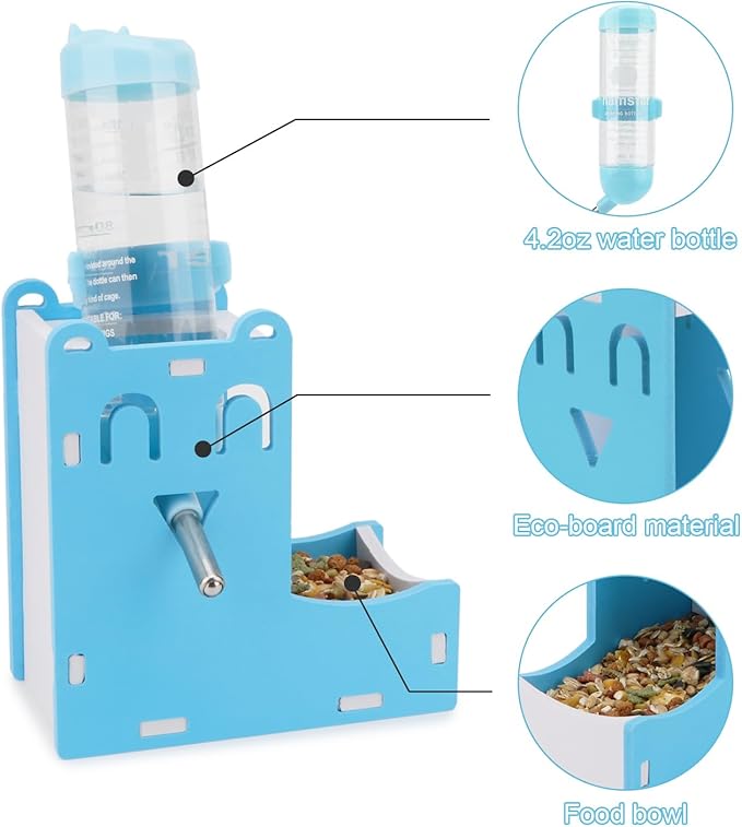 2 in 1 Hamster Hanging Water Bottle Pet Auto Dispenser with Base for Hamster Mice Gerbil Hedgehog (Smile Blue)