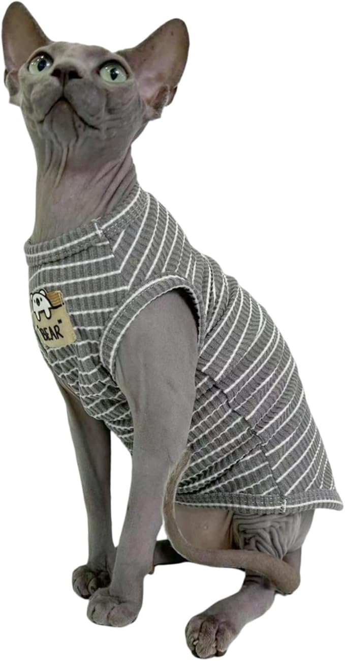 Grey Stripe Sphynx Cat Vest Clothes for Hairless Cat T-Shirt Apparel | Sleeveless, Rib Knit, Thin for Summer, Cotton Blend