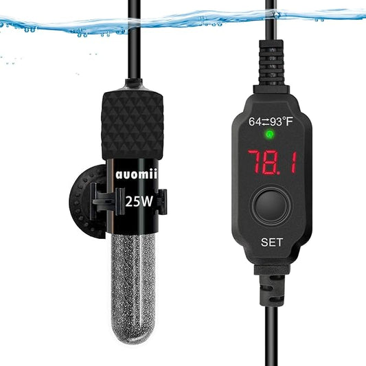 Small Submersible Aquarium Heater,Adjustable Mini Fish Tank Heater 25/50/100/150/200/300 Watts with External Temperature Controller, LED Display, Smart Memory, Used for 1-60 Gallons (25W)