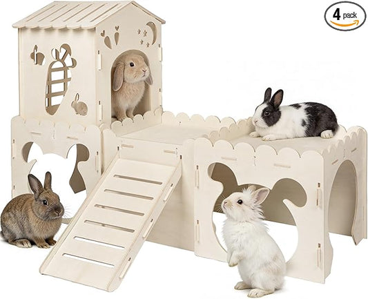 Large Rabbit House, Wooden Bunny Castle with 4 Houses Indoor, Rabbit Guinea Pig Cage Multistory Climbing Tower Sturdy Wooden Castle, Small Animal Hideaway Tunnel (4 Houses)