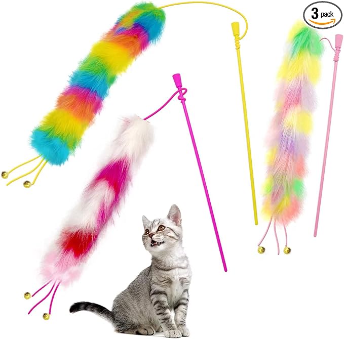 3 Pack Cat Wand Toy, Rainbow Cat Feather Toys with Bells, Teaser Wand with Soft Furry Tail, Interactive Toys for Indoor Cats & Kitten & Kitty