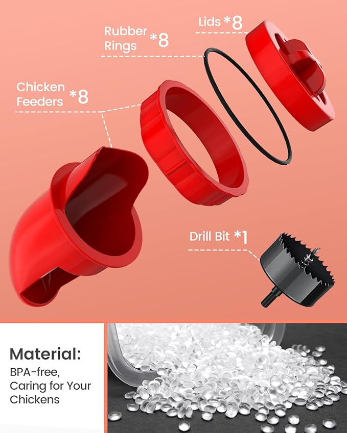 [8 Pack] Aopchry Automatic Chicken Feeder (Red), Chicken Feeders No Waste Feed, Egg Shaped Thickened Design, Rain-Proof, Suitable for Various Poultry, with Mounting Hole Opener