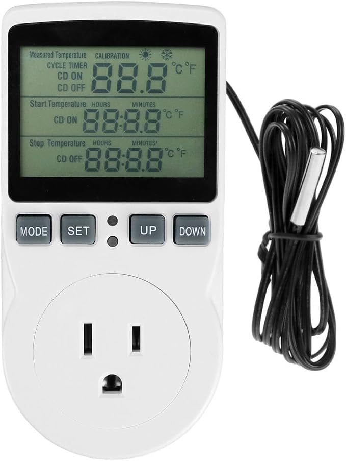 QWORK Digital Thermostat Outlet Plug Temperature Controller Socket - 120V, 15A Max, Heating Cooling Control, No Back Light