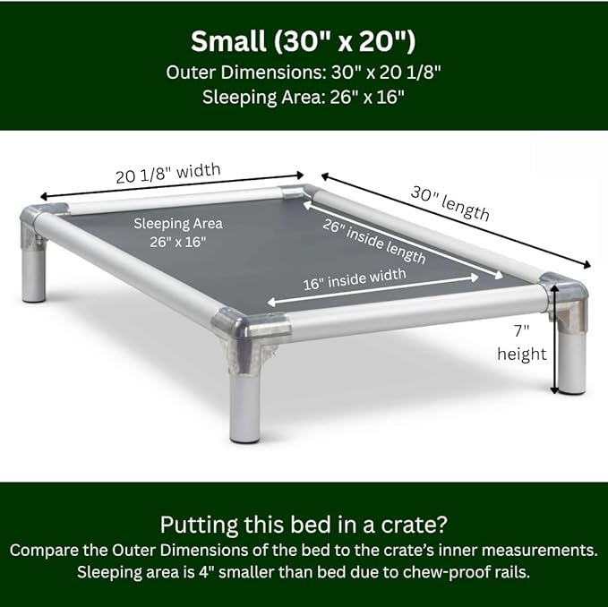 Kuranda Chewproof Elevated Dog Bed - Silver Aluminum - 30" x 20" - Heavy Duty Vinyl - Smoke
