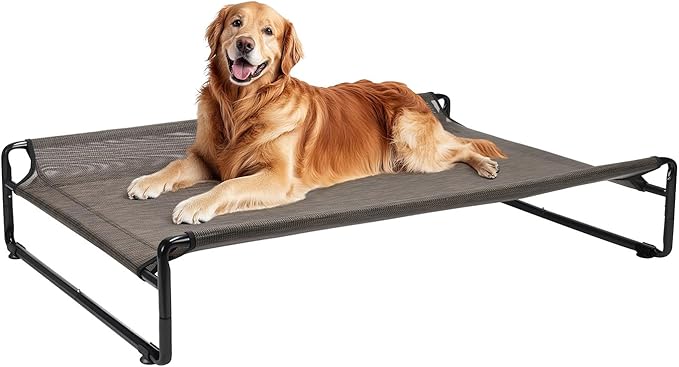Veehoo Outdoor Elevated Dog Bed,Raised Dog Beds for Large Dogs, Washable Dog Cot with Headrest Sides, Non-Skid Feet, Breathable Mesh, Cooling Pet Hammock for Indoor or Camping, 42", Brown