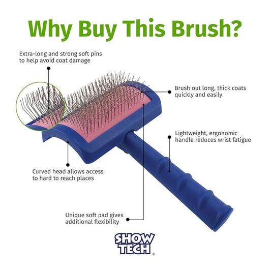 Show Tech Tuffer Than Tangles Slicker Brush for Dog Grooming with Long, Regular Pins, Medium Size, Perfect for Doodle Breeds, Angled Pins for Dematting, Remove Undercoat, Comfort Grip Handle