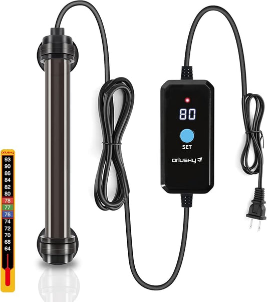 Orlushy 50W Submersible Mini Fish Tank Heater, Adjustable Aquarium Heater with External Digital Display Controller, Overheat Protection and Free Thermometer for 5-10 Gallon Freshwater & Saltwater Tank