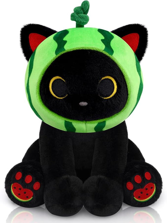 Black Cat Plush - 8inch Cute Stuffed Cat with Removable Watermelon Hood - Soft Kawaii Stuffed Animal for Girls, Kitten Plushie Toy for Boys, Summer Birthday Gift for Kids & Adults