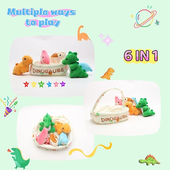 Dinosaur Plush Toy Set, 5pcs Soft Stuffed Dino Toys in Basket, 7.87in Interactive Plush Animal Figures – Birthday, Christmas, Kids Gift for Boys & Girls, Room Decor