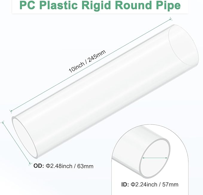 M METERXITY 1-Pack Clear Plastic Tube, 57mm[2.24"] ID x 63mm[2.48"] OD High Impact Rigid Polycarbonate Round Pipes for Water Plumbing/Lighting/Aquariums/Models, Plastic Tubing [245mm/10IN]