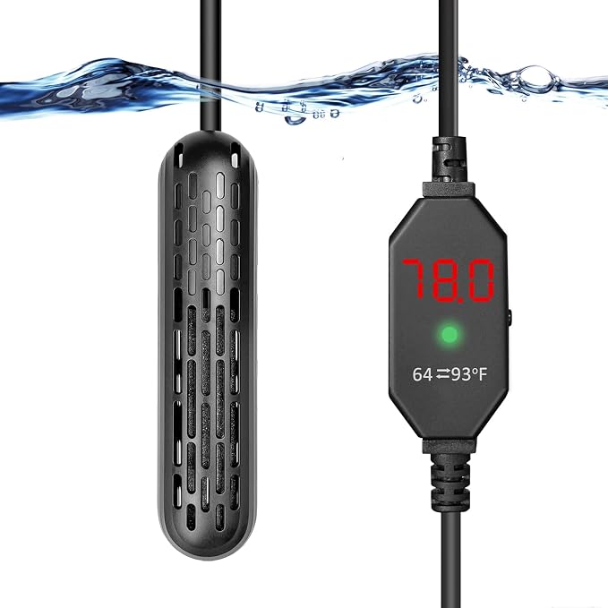 YukiHalu Aquarium Heater 25/50/100/150W with Protective Cover, Mini Fish Tank Heater with External Controller, Temperature Adjustable, Digital Display, Used for 5/10/20/30 Gallons (50W-10Gallon)