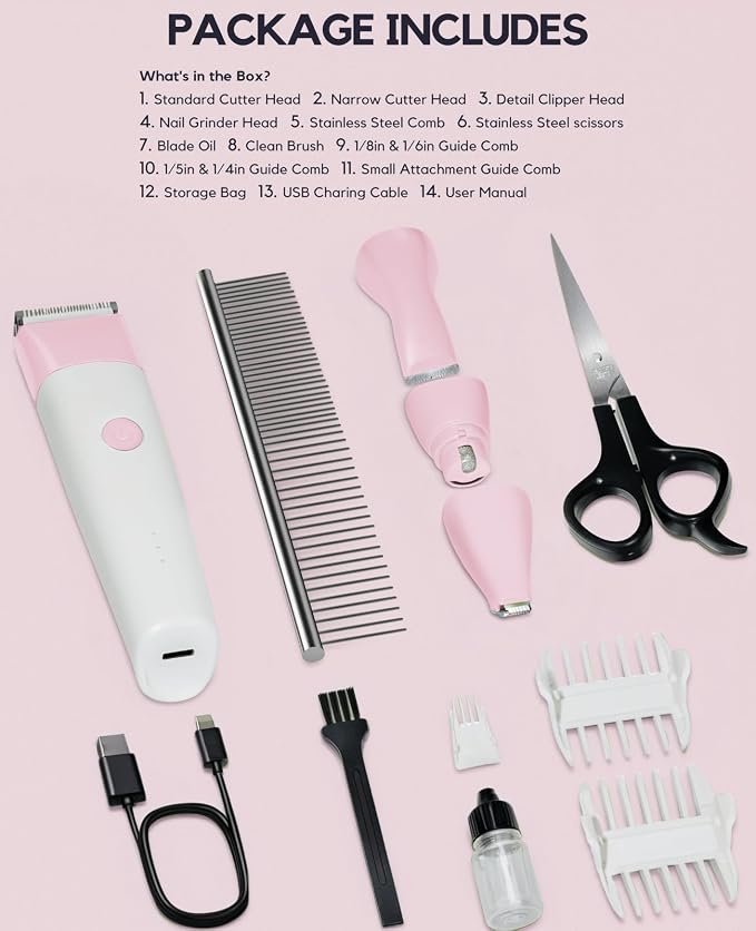 4 in 1 Rechargeable Dog Clippers Grooming Kit with 2 Speeds and Low Noise | Quiet Cordless Dog Hair Trimmer for Paw Nail Grinder, Cat Grooming Clippers for Trimming Hair on Paw Eye Ear Face (Pink)