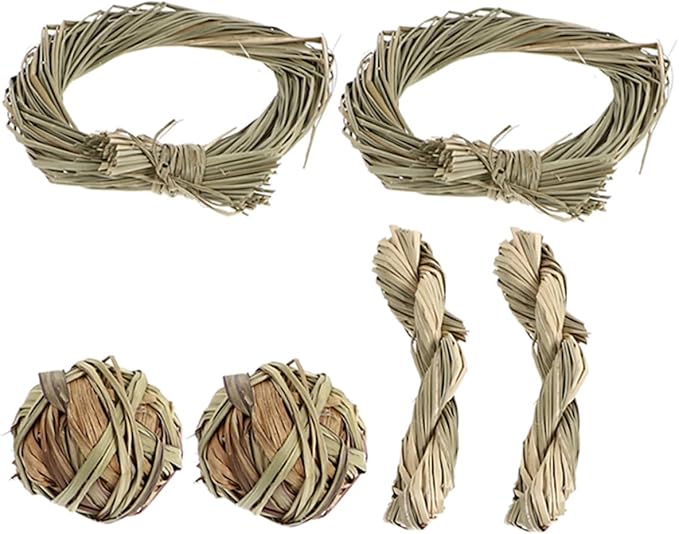 6pcs Small Animal Chew for Rabbits and Guinea Pigs Natural Grass Molar with Balls and Rings Teeth Cleaning Hamster Chew Props for Healthy Dental Care and Stress Relief