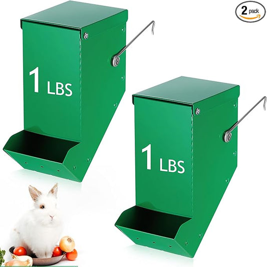Maxcheck 2 Pcs Rabbit Feeder for Cages Small Animal Food Pellet Dispenser with Lid Metal Chicken Grit Oyster Shell Squirrel Feeders Outside(3.2 Inches,Mesh Bottom,Green)