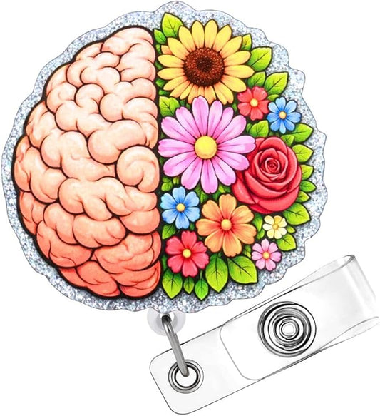 Floral Brain Badge Reel Anatomy Cancer Mental Health MRI Medical Hospital Accessories Name Holder with Retractable Clip Gift for Neuro Nurse Neurology Neurologist CNA RN Psychologists Psychiatrists