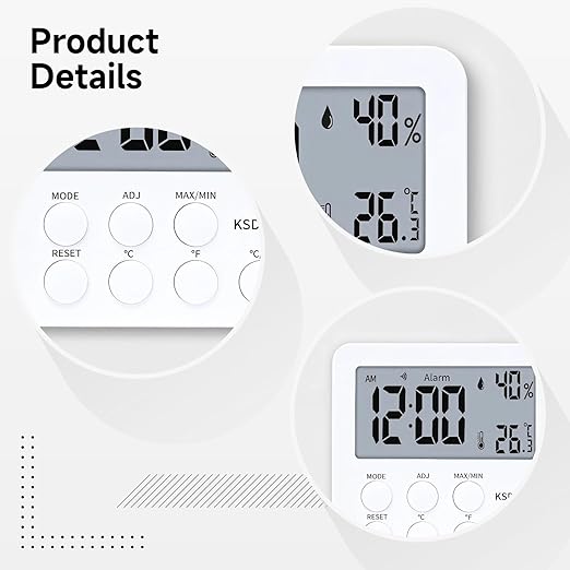 PONDON Digital Reptile Thermometer Hygrometer, Large LCD Display Temperature Humidity Monitor for Terrarium with Clock Alarm Function, Reptile Tank Gauge for Lizard Snake Habitat