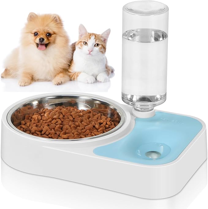 JUST RUN Double Dog Cat Bowls, Dog Cat Food and Water Bowl Set with Automatic Water Dispenser Bottle, Super Big Detachable Stainless Steel Food Bowl for Small Dogs Puppy and Cats Kitten Rabbit(Blue)