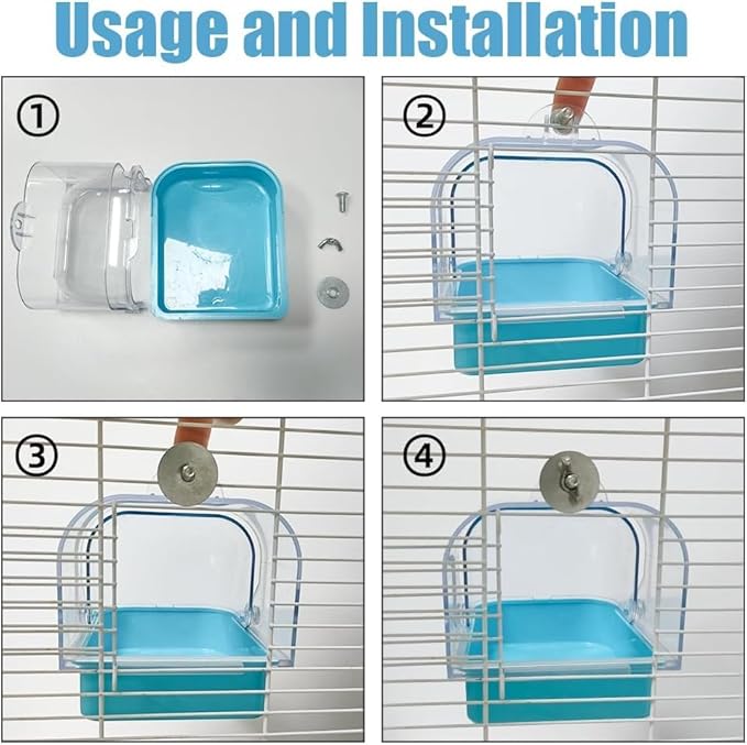 Bird Bath for Cage - Spacious Parakeet & Parrot Bathtub with Hanging Hooks, Portable Shower for Most Birdcages, Cleaning Pet Supply (Blue)