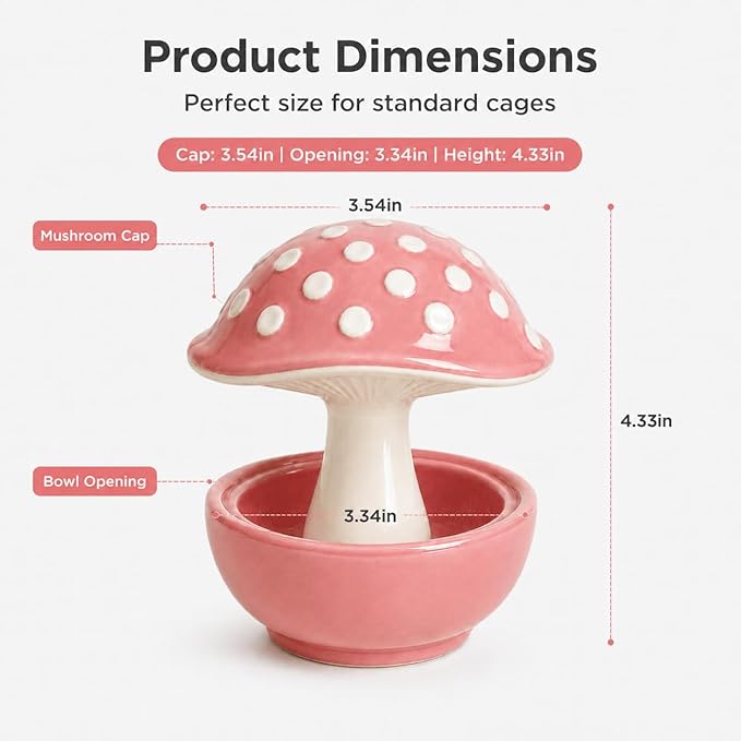 Ceramic Mushroom Bird Feeder No Mess, Spill Proof Bird Food and Water Bowl for Cage, Covered Dispenser for Parakeet, Budgie, Cockatiel, Lovebird, Hamster Accessories, 4.3" Tall