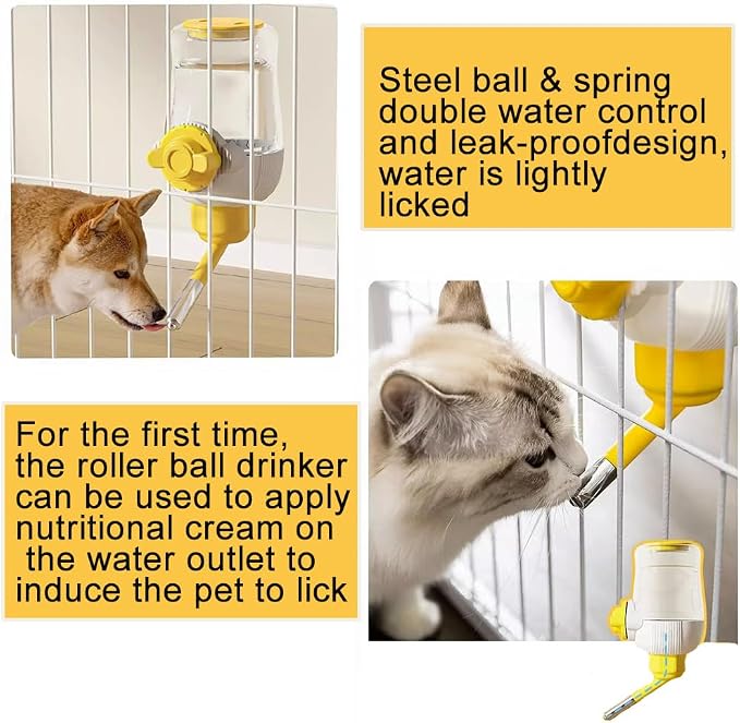 Pet Dog Cat Hanging Automatic Feeders Drinking Bowls, Auto Gravity Rabbits Feeder No Drip Water Set, Cage Pet Feeding Bowls Dispenser for Cats Dogs Puppy, Rabbit (Yellow)