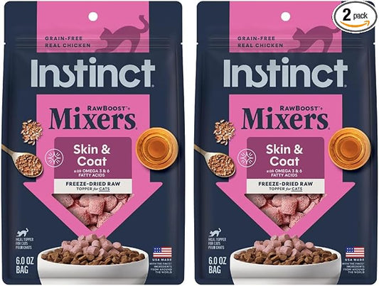 Instinct Raw Boost Mixers, Freeze Dried Cat Food Toppers with Functional Ingredients, Grain Free, Real Chicken - Skin & Coat Health, 5.5 oz Bag (Pack of 2)