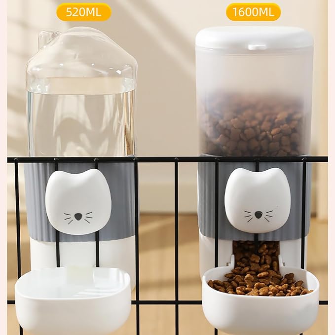 Automatic Rabbit Feeder and Water Dispenser Set,54oz Gravity Food Feeder&17oz Leak-Proof Water Bottle for Guinea Pigs,Small Animals,Chinchillas,Ferrets,Cage Mount Feeding Station（Cat Head）