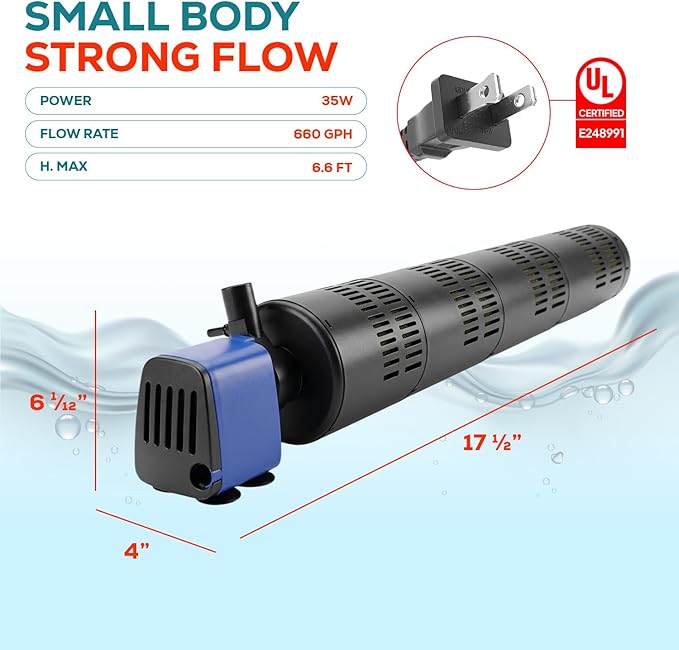 Aqua Dream 660 GPH Internal Aquarium Filter 3 in 1 Submersible Powerhead Pump with High-Volume Air Oxygenation & Sponge Filtration, 35W Adjustable Flow Water Cycling Pump for Large Fish Tanks - 6 Pcs