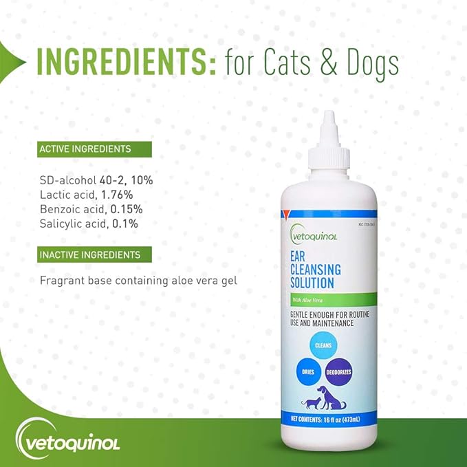 Vetoquinol Ear Cleansing Solution - Gentle Cleaner to Remove Dirt & Debris - Easy-to-Use Drops for Cats & Dogs - Support Clean and Fresh-Smelling Ears - Ideal for Routine Pet Hygiene - 4 Ounces