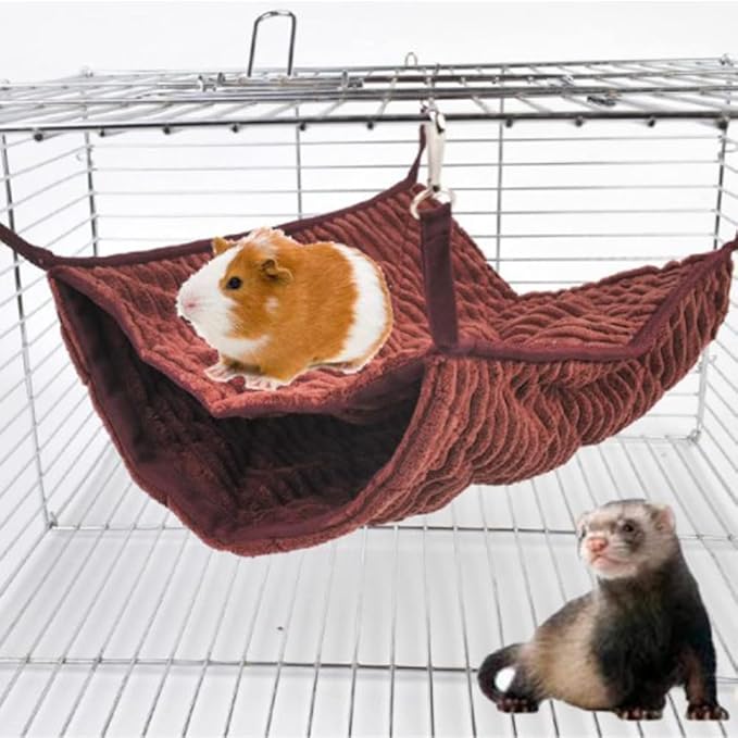 Large Ferret Hammock Hanging Tunnel Bed for Cage Hanging Plush Double Bunk Bed for Rats, Hamsters, Guinea Pigs, Chinchillas, Squirrels (Brown)
