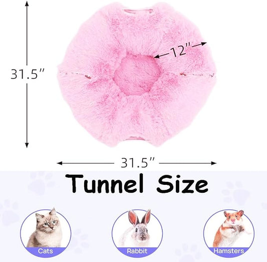 Cat Bed Tunnel Tube Toy Pink Plush Round, Collapsible Pet Tunnels for Indoor Cats, Interactive Toys Play Tubes with Hanging Ball for Kitty, Puppy, Rabbit for Fun Playtime & Exercise