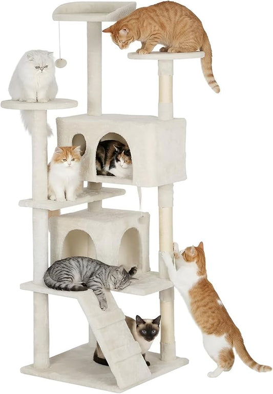 PayLessHere Cat Tree 62in Cat Tower with Cat Scratching Post,Multi-Level Cat Condo Stand House Furniture Kitty Activity Center with Furry Ball Toys Cat Tree for Indoor Cats,Beige