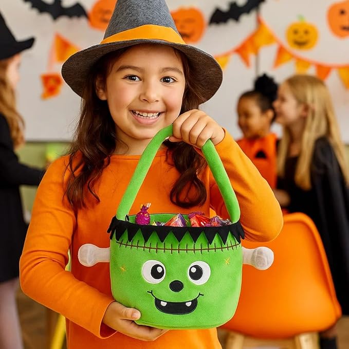 Halloween Plush Treat Basket, Halloween Candy Basket, Trick-or-Treat Bag (Green Frankenstein)