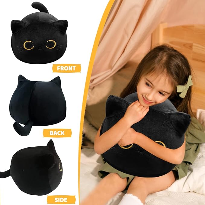 3D Black Cat Plush Toy, 17.7" Black Cat Pillow, Animal Soft Plush Pillow, Suitable as Birthday, Valentine's Day, Halloween