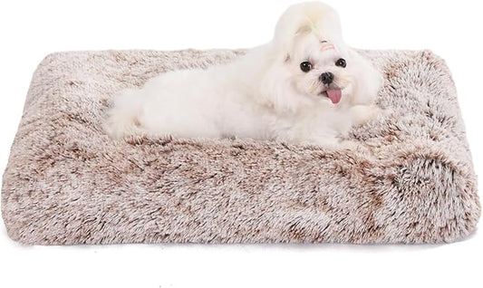 Bedfolks Waterproof Crate Bed, Plush Dog & Cat Bed with Removable Washable Cover, Faux Fur Kennel Pad, 21"x13", Brown