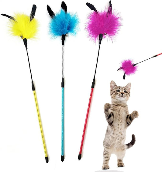 IUHKBH Cat Feather Wands, 3 Colors Soft Turkey Feather Teaser Wands Interactive Unbreakable Kitten Wands Fun Kitty Toy for Indoor Cats Play Exercise