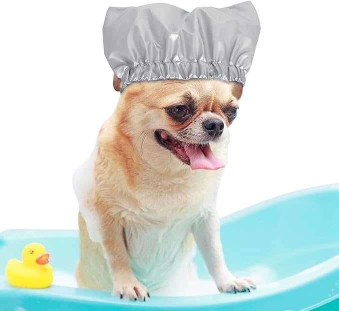 Pet Shower Cap Waterproof Reusable Bath Ear Covers with Adjustable Strap Cat Dog Bathing Hat for Ears Protection Elastic Headgear for Cat Dog Kitten Puppy (Silver,S (10.2''-12.6''))