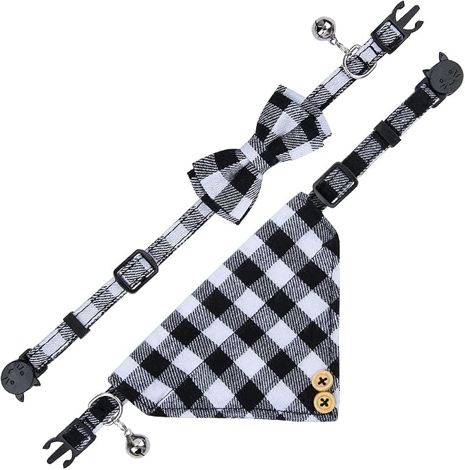 Faleela Cat Collar Bandana Bells Set - 2 Pack Set Cat Collar Breakaway with Cute Bow Tie and Bell, Adjustable from 7.8-10.5 Inch, Soft and Comfortable for Kitty and Some Puppies