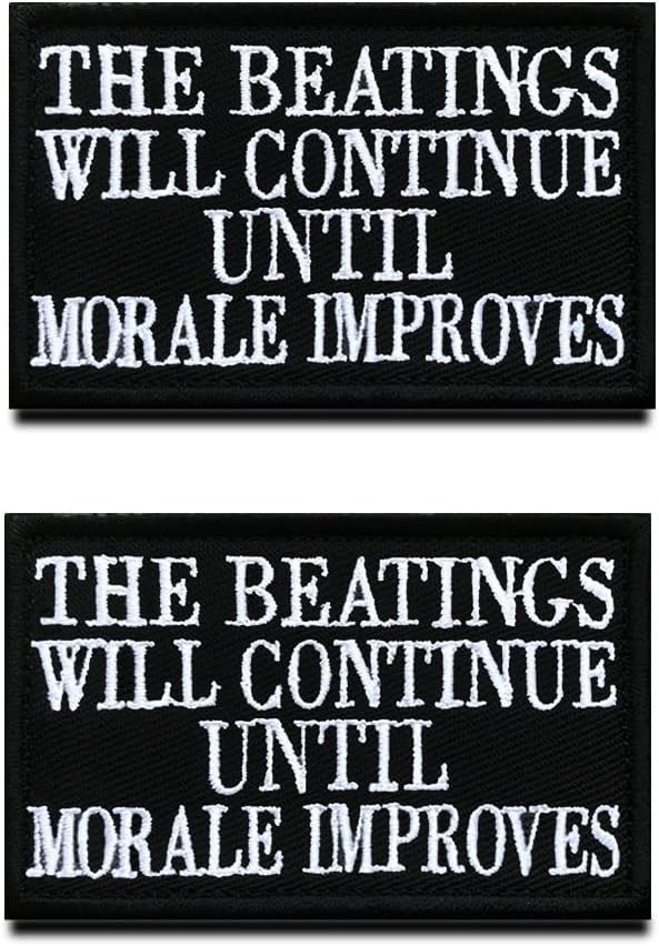 2 Packs Funny The Beatings Will Continue Until Morale Improves Embroidered Hook & Loop Emblem Badge Applique Patches for Clothes Uniform Armband Backpack Biker Service Dog Vest Harness