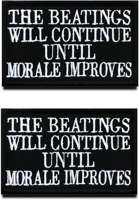 2 Packs Funny The Beatings Will Continue Until Morale Improves Embroidered Hook & Loop Emblem Badge Applique Patches for Clothes Uniform Armband Backpack Biker Service Dog Vest Harness