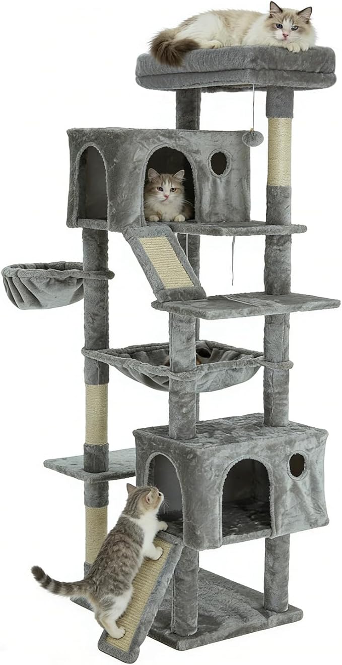 68.9-inch (175cm) Multi-Level Cat Tree with 2 Scratching Boards, 2 Plush Beds, Hammock & Toy Ball for Indoor Cats(Grey)