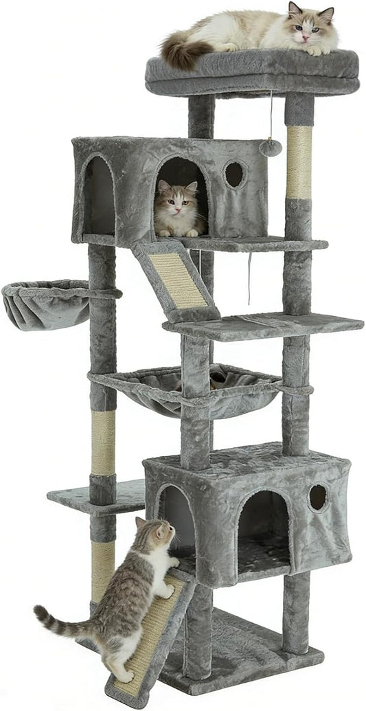 68.9-inch (175cm) Multi-Level Cat Tree with 2 Scratching Boards, 2 Plush Beds, Hammock & Toy Ball for Indoor Cats(Grey)
