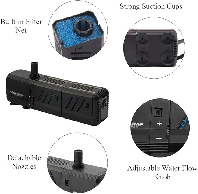 MQ 210GPH Submersible Water Pump (800L/H, 8W) with Filters and Water Nozzles, Ultra Quiet for Aquarium, Fish Tank, Pond, Fountain, Hydroponics