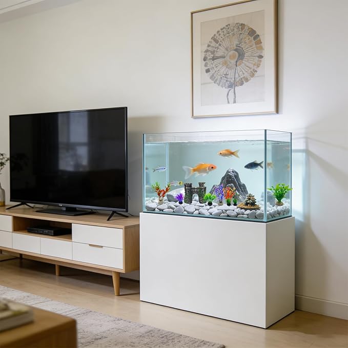 8PCS Aquarium Castle Decor, Resin Fish Tank Accessories with Artificial Plants for Saltwater Aquariums, Small Fish Tank Decor