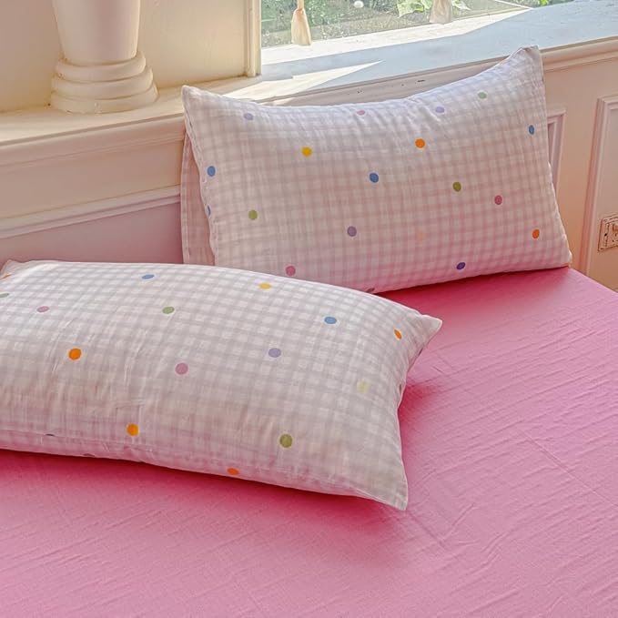 BlueBlue Pink Grid Duvet Cover Set Queen 100% Cotton Soft Lightweight Gauze Bedding Rainbow Polka Dot on Plaid 1 Abstract Geometric Full Comforter Cover 2 Pillow Shams, Queen