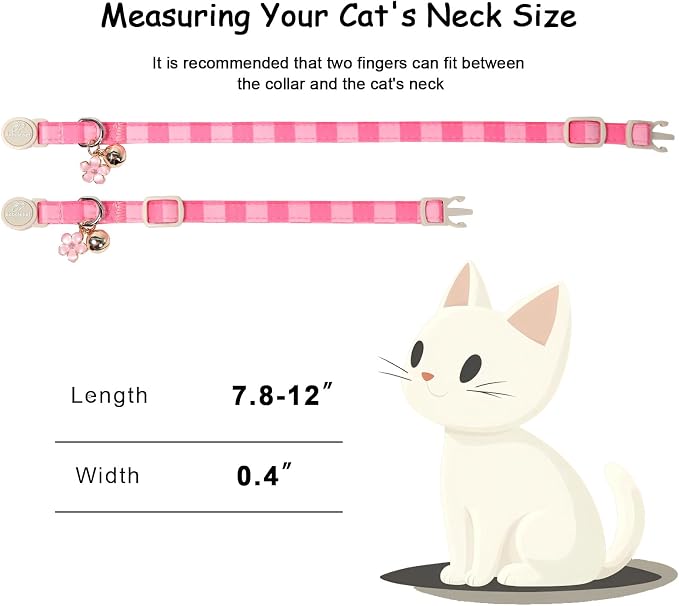 2 Pack Pink Cat Collars - Spring Summer Breakaway Cat Collar with Bell, Bow and Flower Pendant, Adjustable Kitten Collars for Girl Cats, Cute Pink Plaid &Bow